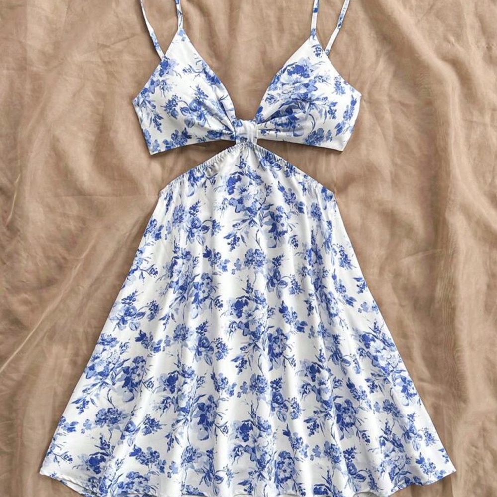 Blue and White Sleeveless Sundress with Cutouts